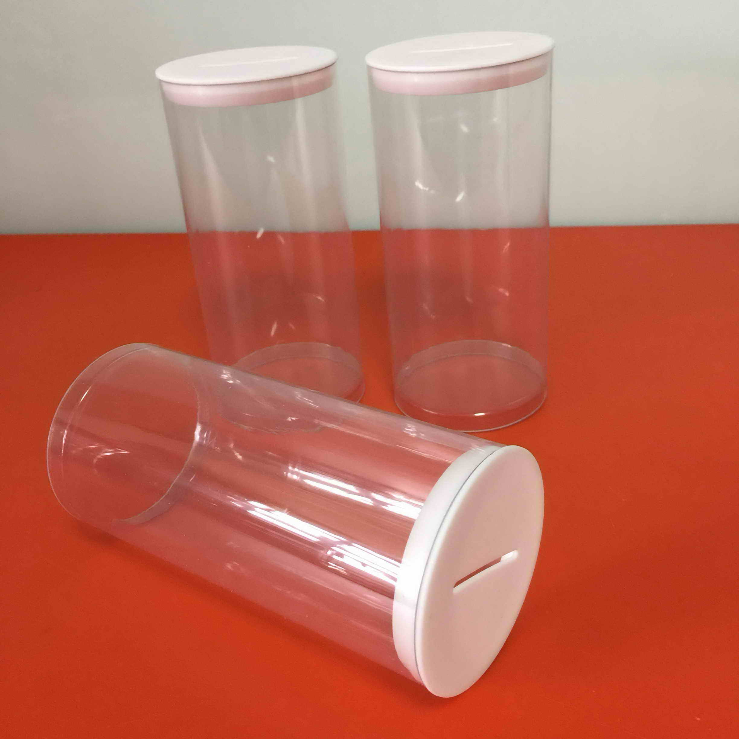 clear donation container and fun rasing can,clear plastic tubes,clear